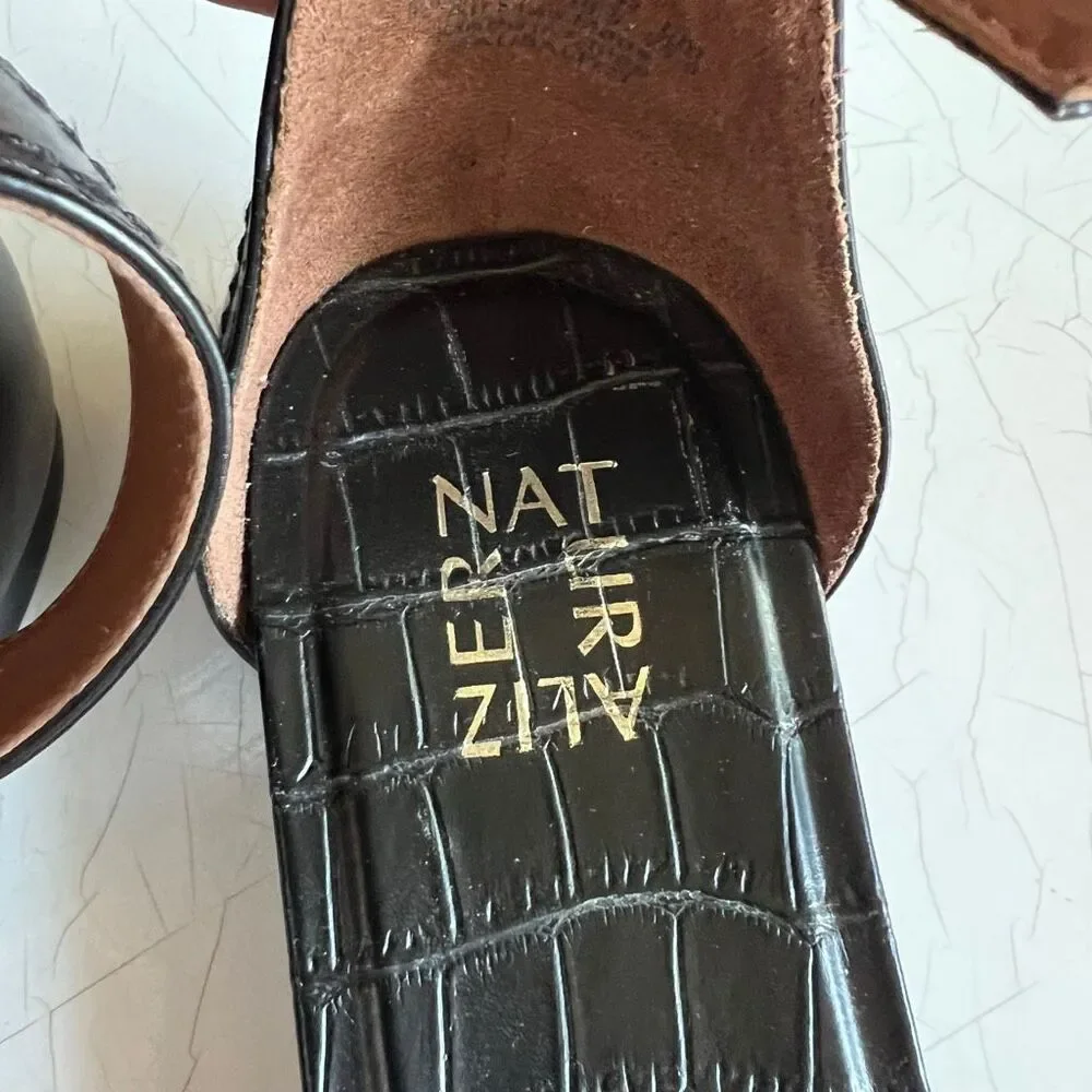 Naturalizer Sausalito flat sandals in black croc-embossed leather crisscross str